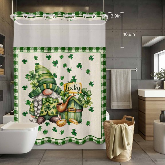 No Hook Shower Curtain with Snap in Liner, St.Patrick Green Leaves and Cute Dwarf Waterproof Fabric Bathroom Curtain Mesh Top Window, Watercolor Clovers Grid on Flax Shower Curtains 72x84in