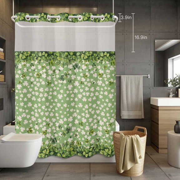 No Hook Shower Curtain with Snap in Liner, St Patrick Watercolor Shamrock Leaf Waterproof Fabric Bathroom Curtain Mesh Top Window, Green White Clovers on Burlap Shower Curtains 72x84in