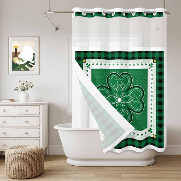 No Hook Shower Curtain with Snap in Liner, St. Patrick's Day Celtic Knots Lucky Shamrock Curtain Set See-Through Top Double Layers Buffalo Plaid Shower Curtains for Bathroom Decor, 60x72in