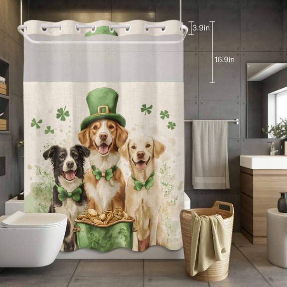 No Hook Shower Curtain with Snap in Liner, St. Patrick's Day Dogs Waterproof Fabric Bathroom Curtain Mesh Top Window, Vintage Top Hat Four-leaf Gold Coin Shower Curtains 72x84in