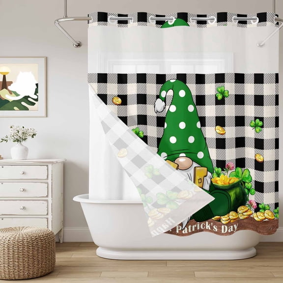 No Hook Shower Curtain with Snap in Liner, St. Patrick's Day Dwarf Clovers with Gold Coin Curtain Set See-Through Top Double Layers Green on Black Plaid Shower Curtains for Bathroom Decor, 72x72in