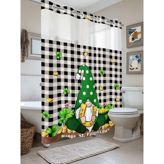 No Hook Shower Curtain with Snap in Liner, St. Patrick's Day Dwarf Clovers with Gold Coin Waterproof Bath Curtain with See Through Top Window, Green on Black Plaid Shower Curtains 72x84in