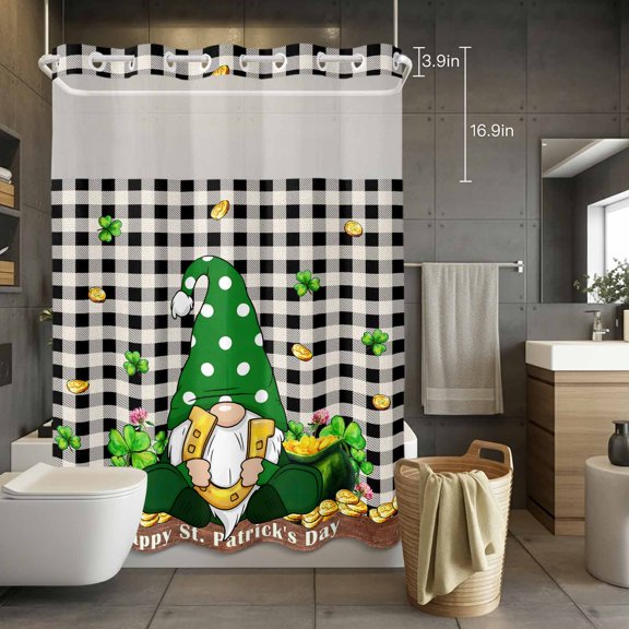 No Hook Shower Curtain with Snap in Liner, St. Patrick's Day Dwarf Clovers with Gold Coin Waterproof Fabric Bathroom Curtain Mesh Top Window, Green on Black Plaid Shower Curtains 72x84in