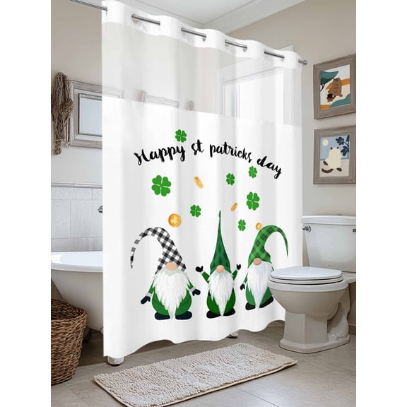 No Hook Shower Curtain with Snap in Liner, St. Patrick's Day Dwarfs Green Clovers Waterproof Bath Curtain Double Layers with See Through Top Window, Gold Coin Hotel Shower Curtains 72x84in
