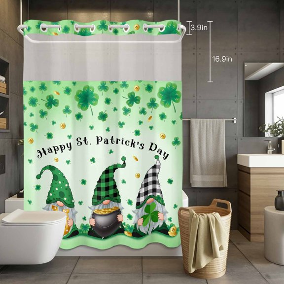 No Hook Shower Curtain with Snap in Liner, St. Patrick's Day Gnome Pot of Gold Horseshoe Waterproof Fabric Bathroom Curtain Mesh Top Window, Green Lucky Leaf Shower Curtains 72x84in