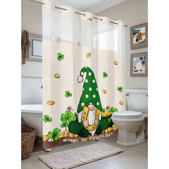 No Hook Shower Curtain with Snap in Liner, St. Patrick's Day Gnome Waterproof Bath Curtain Double Layers with See Through Top Window, Green Shamrock Retro Linen Hotel Shower Curtains 72x84in
