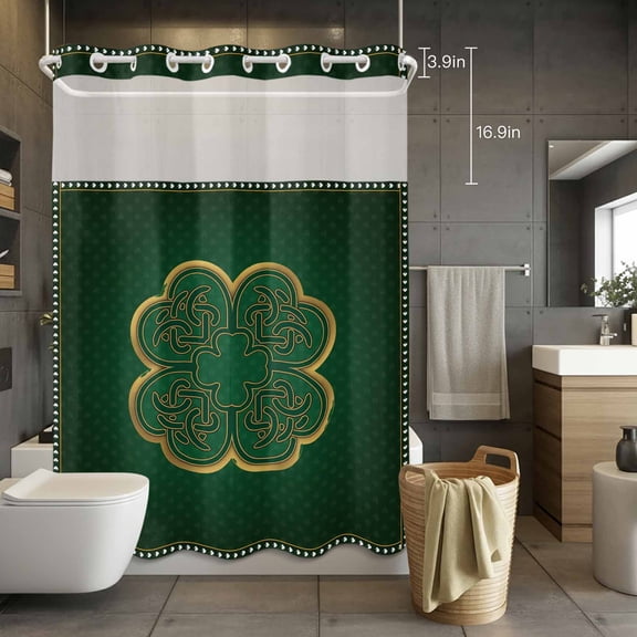 No Hook Shower Curtain with Snap in Liner, St. Patrick's Day Luck Leaf Waterproof Fabric Bathroom Curtain Mesh Top Window, Dark Green Four Leaves Shower Curtains 72x84in