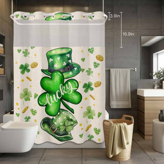 No Hook Shower Curtain with Snap in Liner, St. Patrick's Day Luck Leaves Hat Waterproof Fabric Bathroom Curtain Mesh Top Window, Green Shamrocks Coin on Flax Shower Curtains 72x84in