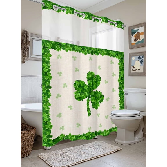 No Hook Shower Curtain with Snap in Liner, St. Patrick's Day Lucky Clovers Leaf Waterproof Bath Curtain Double Layers with See Through Top Window, Irish Green Shamrock Hotel Shower Curtains 72x84in