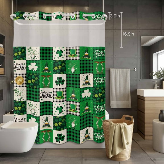 No Hook Shower Curtain with Snap in Liner, St. Patrick's Day Lucky Dwarf Clovers Waterproof Fabric Bathroom Curtain Mesh Top Window, Retro Green Buffalo Check Shower Curtains 72x84in