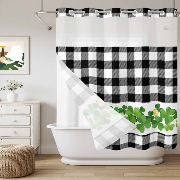 No Hook Shower Curtain with Snap in Liner, St. Patrick's Day Lucky Green Gold Coin Curtain Set See-Through Top Double Layers Black White Plaid Shower Curtains for Bathroom Decor, 72x72in