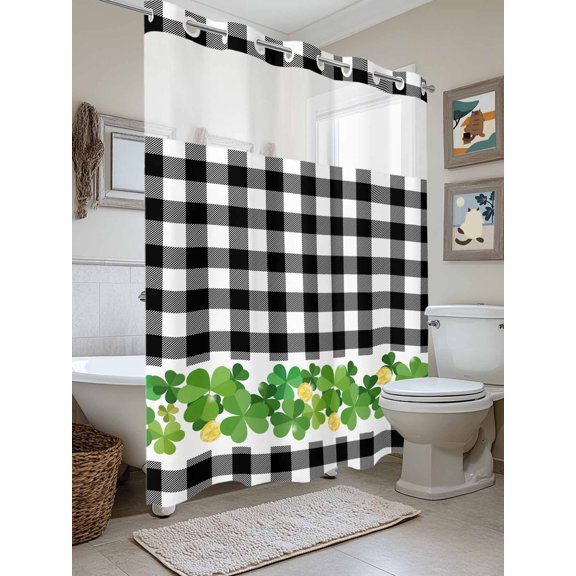 No Hook Shower Curtain with Snap in Liner, St. Patrick's Day Lucky Green Gold Coin Waterproof Bath Curtain Double Layers with See Through Top Window, Black White Plaid Hotel Shower Curtains 72x84in