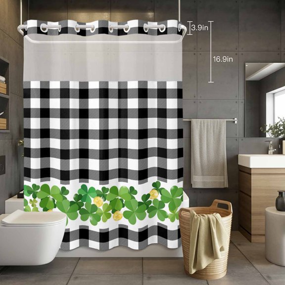 No Hook Shower Curtain with Snap in Liner, St. Patrick's Day Lucky Green Gold Coin Waterproof Fabric Bathroom Curtain Mesh Top Window, Black White Plaid Shower Curtains 72x84in