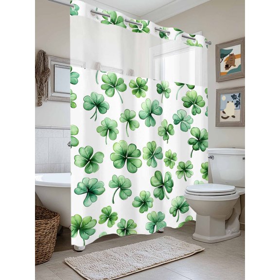 No Hook Shower Curtain with Snap in Liner, St. Patrick's Day Lucky Shamrock Waterproof Bath Curtain Double Layers with See Through Top Window, Pastoral Green Leaves Hotel Shower Curtains 72x84in