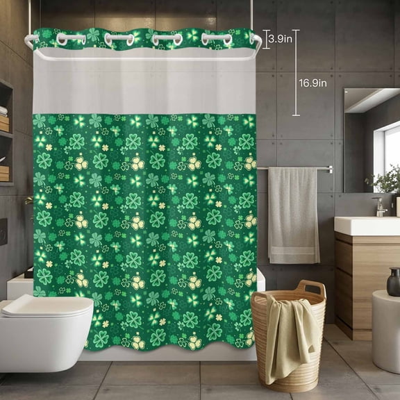 No Hook Shower Curtain with Snap in Liner, St. Patrick's Day Lucky Shamrock Waterproof Fabric Bathroom Curtain Mesh Top Window, Country Leaves on Green Shower Curtains 72x84in