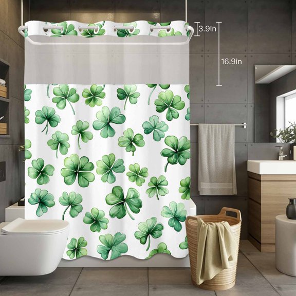 No Hook Shower Curtain with Snap in Liner, St. Patrick's Day Lucky Shamrock Waterproof Fabric Bathroom Curtain Mesh Top Window, Pastoral Green Leaves Shower Curtains 72x84in