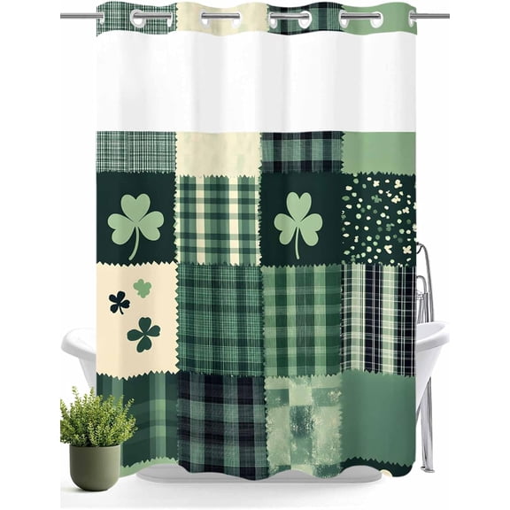 No Hook Shower Curtain with Snap in Liner, St. Patrick''s Day Shamrock Leaf Waterproof Fabric Bathroom Curtain Mesh Top Window Washable Spring Green Black Plaid 72" x 84"
