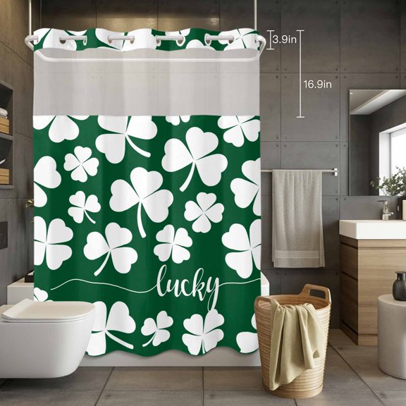 No Hook Shower Curtain with Snap in Liner, St. Patrick's Day Shamrock Waterproof Fabric Bathroom Curtain Mesh Top Window, White Lucky Leaves on Green Shower Curtains 72x84in