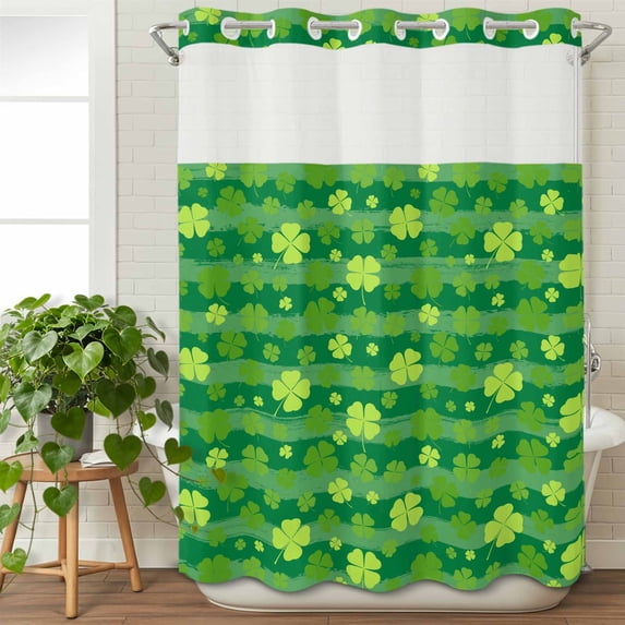 No Hook Shower Curtain with Snap in Liner, St. Patrick's Day Spring Bright Green Clovers Waterproof Fabric Bathroom Curtain Mesh Top Window, Plant on Stripe Shower Curtains 48x72in