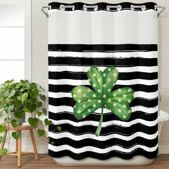 No Hook Shower Curtain with Snap in Liner, St. Patrick's Day Wave Point Lucky Clovers Leaf Waterproof Fabric Bathroom Curtain Mesh Top Window, Black White Stripe Shower Curtains 48x72in