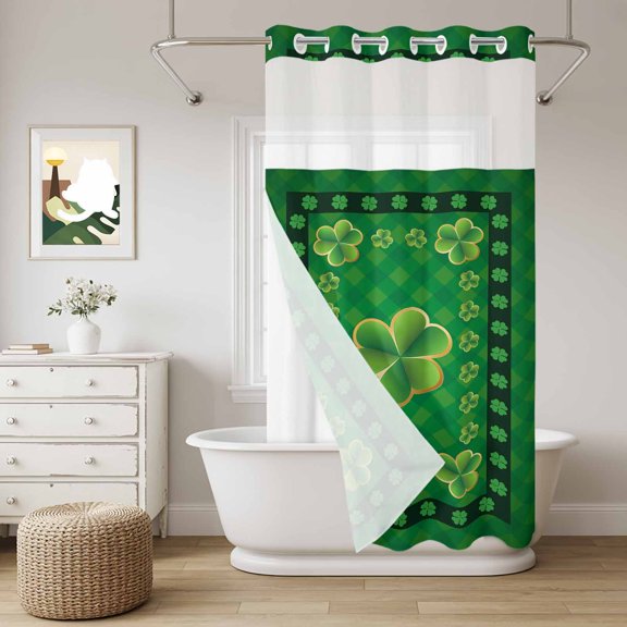 No Hook Shower Curtain with Snap in Liner, St. Patrick's day Celtic Knots Lucky Green Clover Curtain Set See-Through Top Double Layers Buffalo Plaid Shower Curtains for Bathroom Decor, 36x72in