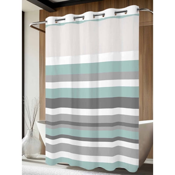 No Hook Shower Curtain with Snap in Liner, Stripes Pattern Waterproof Fabric Bathroom Curtain Mesh Top Window, Grey Teal and White Shower Curtains 60x72in