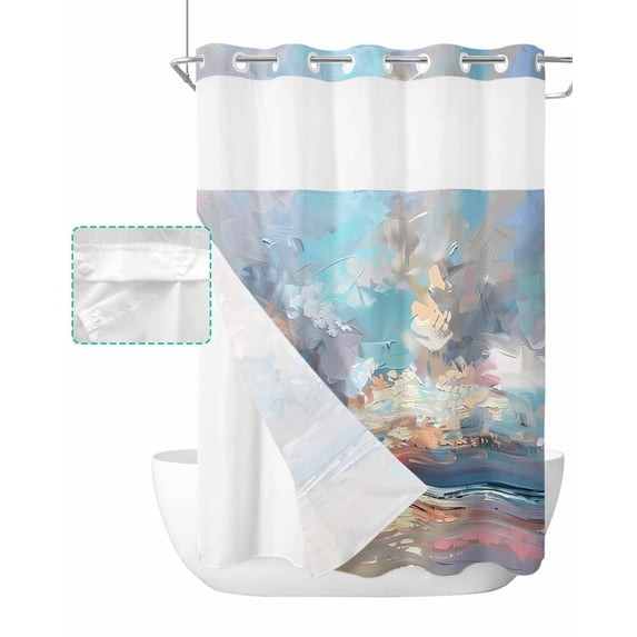 No Hook Shower Curtain with Snap in Liner, Summer Abstract Ocean Landscape Oil Painting Hotel Shower Curtains for Bathroom, Washable Shower Curtain Liner Set with Mesh Top Window, 60"x72"