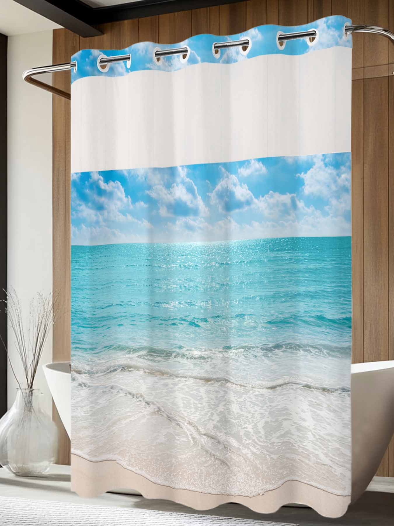 No Hook Shower Curtain with Snap in Liner, Summer Beach Blue Ocean