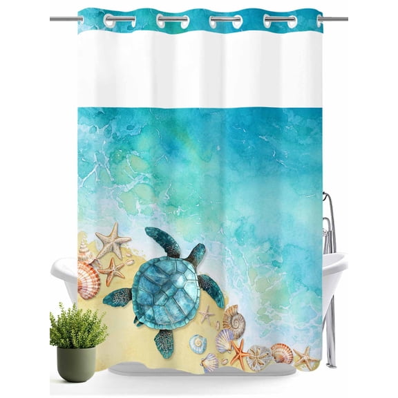 No Hook Shower Curtain with Snap in Liner,Summer Beach Sea Turtle Shell Waterproof Bath Curtain Double Layers with See Through Top Window,Coastal Blue Ocean Hotel Shower Curtains 60x72in