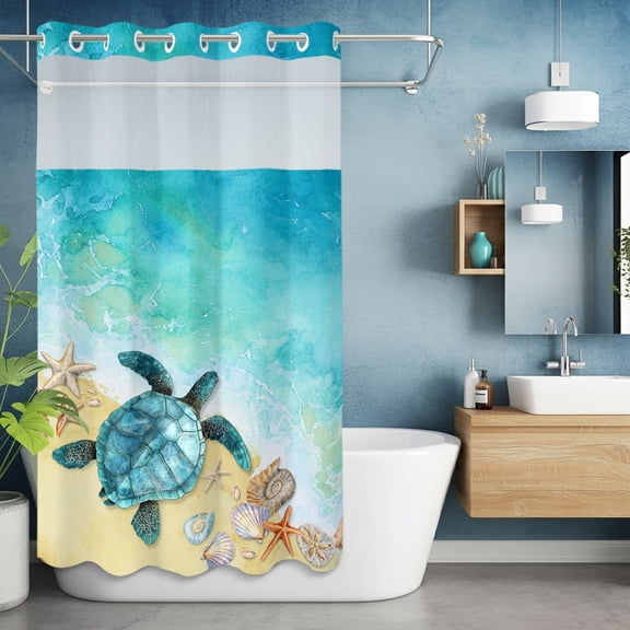 No Hook Shower Curtain with Snap in Liner, Summer Beach Sea Turtle Shell Waterproof Fabric Bathroom Curtain Mesh Top Window, Coastal Blue Ocean Shower Curtains 36x72in