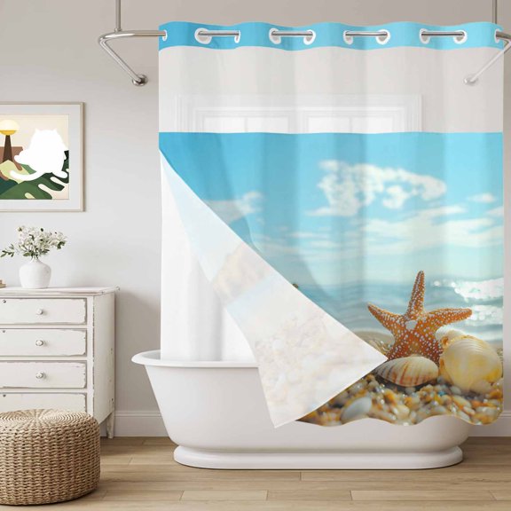 No Hook Shower Curtain with Snap in Liner, Summer Beach Shell Starfish Curtain Set See-Through Top Double Layers Blue Ocean Shower Curtains for Bathroom Decor, 72x72in