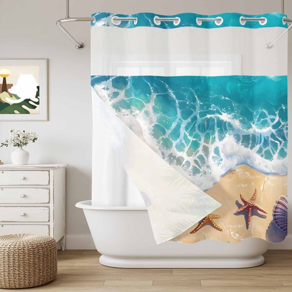 No Hook Shower Curtain with Snap in Liner, Summer Beach Shells Starfish Curtain Set See-Through Top Double Layers Blue Ocean Waves Shower Curtains for Bathroom Decor, 72x72in