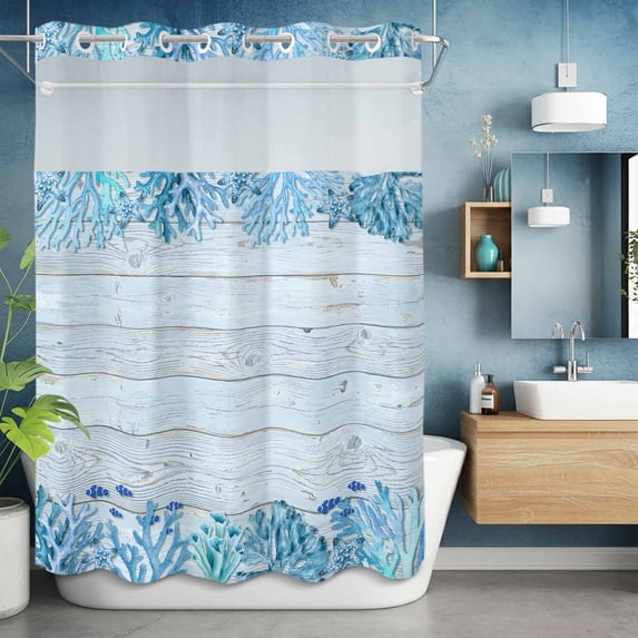 No Hook Shower Curtain with Snap in Liner, Summer Blue Ocean Coral on Wood Grain Waterproof Bath Curtain Double Layers with See Through Top Window, Starfish Clownfish Hotel Shower Curtains 60x72in