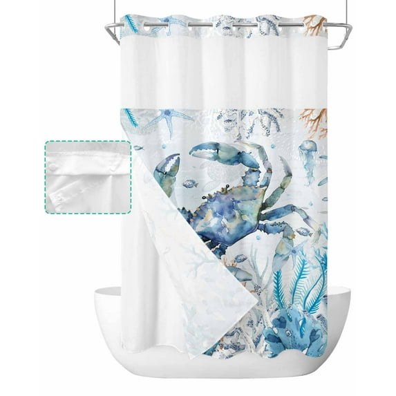 No Hook Shower Curtain with Snap in Liner, Summer Blue Ocean Crab Starfish Coral Jellyfish Watercolor Shower Curtains for Bathroom, Washable Shower Curtain Liner Set with Mesh Top Window, 36"x78"