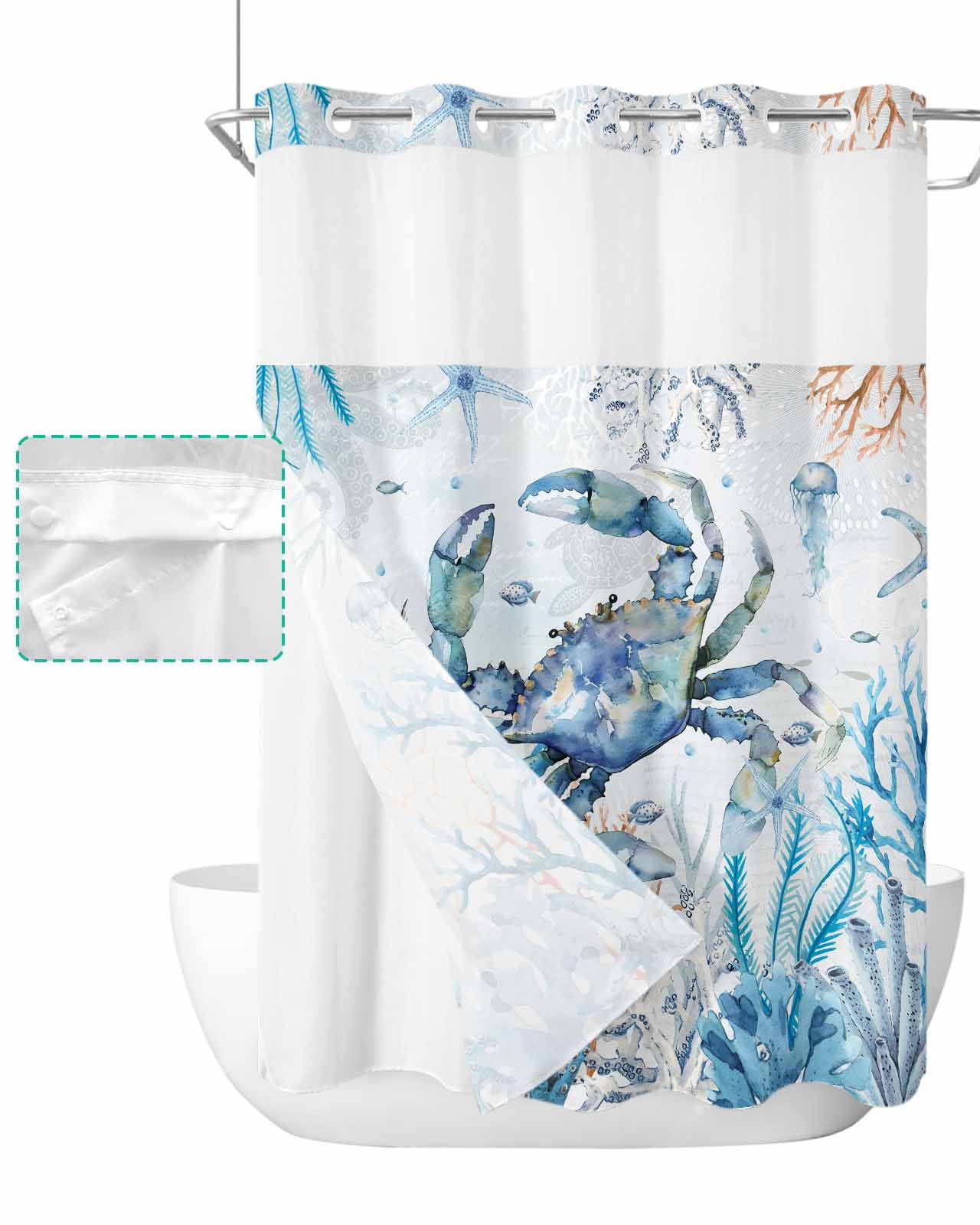 No Hook Shower Curtain with Snap in Liner, Summer Blue Ocean Crab Starfish Coral Jellyfish Watercolor Shower Curtains for Bathroom, Washable Shower Curtain Liner Set with Mesh Top Window, 48"x72"