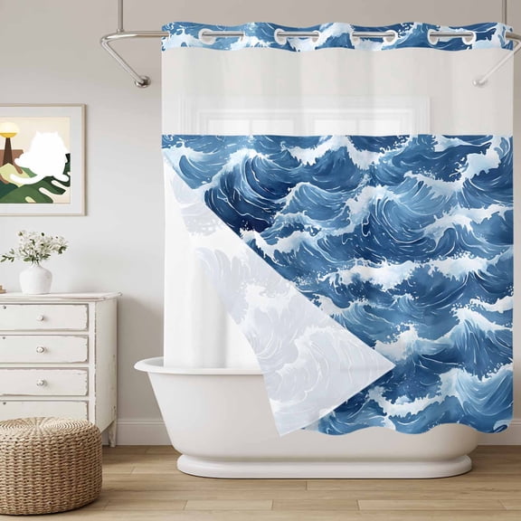No Hook Shower Curtain with Snap in Liner, Summer Blue Ocean Waves Curtain Set See-Through Top Double Layers Abstract Water Ripples Shower Curtains for Bathroom Decor, 72x72in