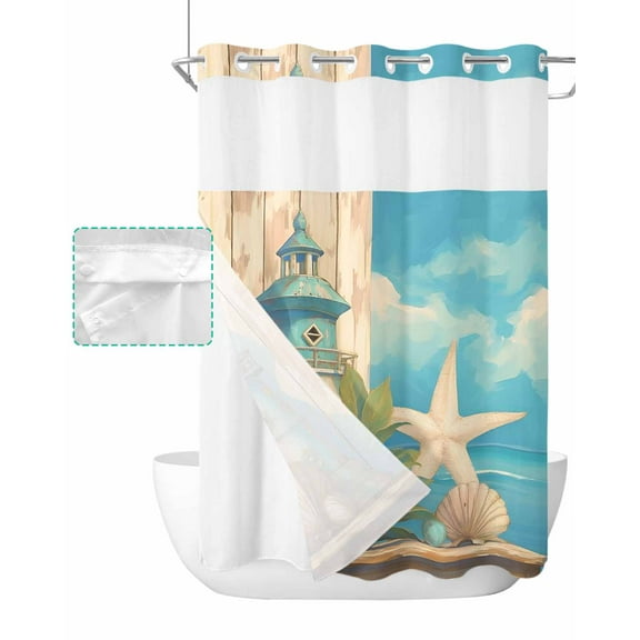 No Hook Shower Curtain with Snap in Liner, Summer Blue Sky Ocean Hotel Shower Curtains for Bathroom, Washable Shower Curtain Liner Set with Mesh Top Window, 48"x72"