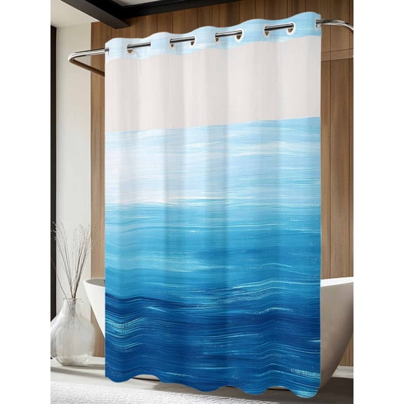 No Hook Shower Curtain with Snap in Liner, Summer Coastal Ocean Wave Waterproof Bath Curtain Double Layers with See Through Top Window, Modern Blue Gradient Marine Hotel Shower Curtains 72x84in
