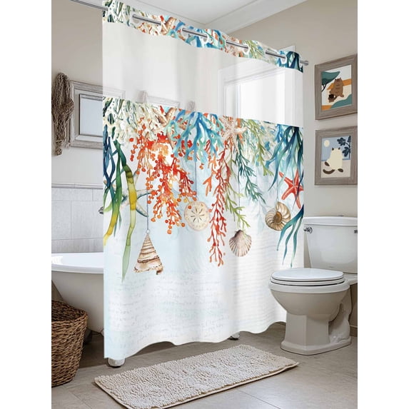 No Hook Shower Curtain with Snap in Liner, Summer Colorful Coral Shell Starfish Waterproof Bath Curtain Double Layers with See Through Top Window, Blue Gradient Hotel Shower Curtains 72x84in