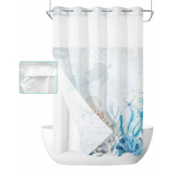 No Hook Shower Curtain with Snap in Liner, Summer Coral Ocean Blue Pattern Hotel Shower Curtains for Bathroom, Washable Shower Curtain Liner Set with Mesh Top Window, 36"x72"
