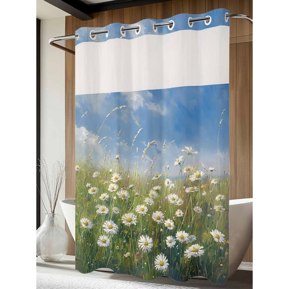 No Hook Shower Curtain with Snap in Liner, Summer Daisy Flower Grass Waterproof Fabric Bathroom Curtain Mesh Top Window, Blue Sky Oil Painting Style Shower Curtains 60x72in