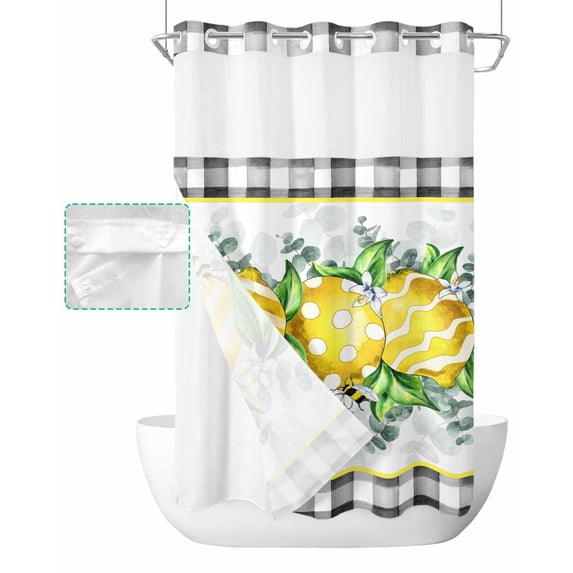 No Hook Shower Curtain with Snap in Liner, Summer Farm Lemon Eucalyptus Leaves Black White Plaid Hotel Shower Curtains for Bathroom, Washable Shower Curtain Liner Set with Mesh Top Window, 36"x78"