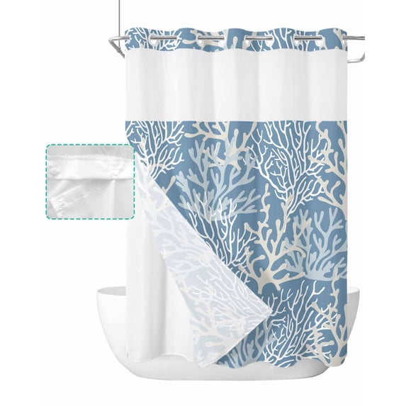 No Hook Shower Curtain with Snap in Liner, Summer Gradient Blue Ocean Coral Coastal Hotel Shower Curtains for Bathroom, Washable Shower Curtain Liner Set with Mesh Top Window, 48"x72"