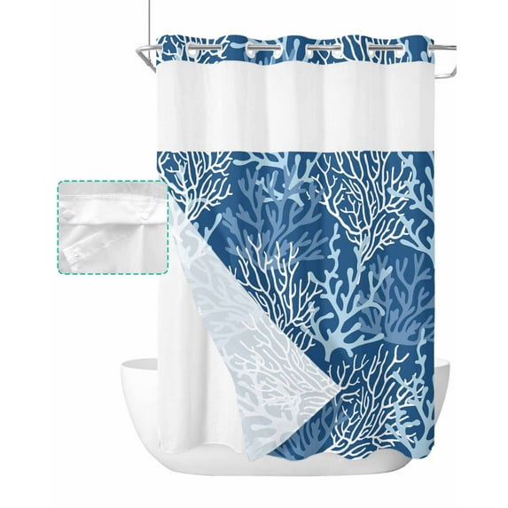 No Hook Shower Curtain with Snap in Liner, Summer Gradient Dark Blue Ocean Coral Coastal Hotel Shower Curtains for Bathroom, Washable Shower Curtain Liner Set with Mesh Top Window, 72"x84"