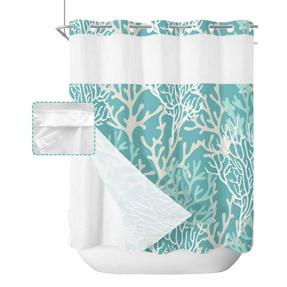 No Hook Shower Curtain with Snap in Liner, Summer Gradient Teal Ocean Coral Coastal Hotel Shower Curtains for Bathroom, Washable Shower Curtain Liner Set with Mesh Top Window, 72”x78”