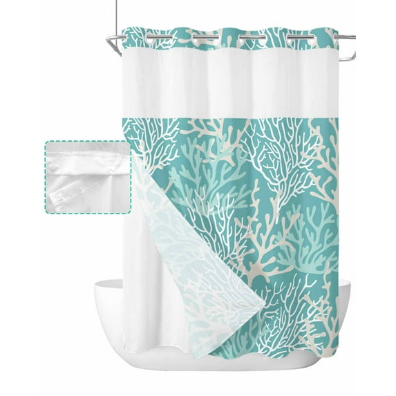 No Hook Shower Curtain with Snap in Liner, Summer Gradient Teal Ocean Coral Coastal Hotel Shower Curtains for Bathroom, Washable Shower Curtain Liner Set with Mesh Top Window, 60"x72"