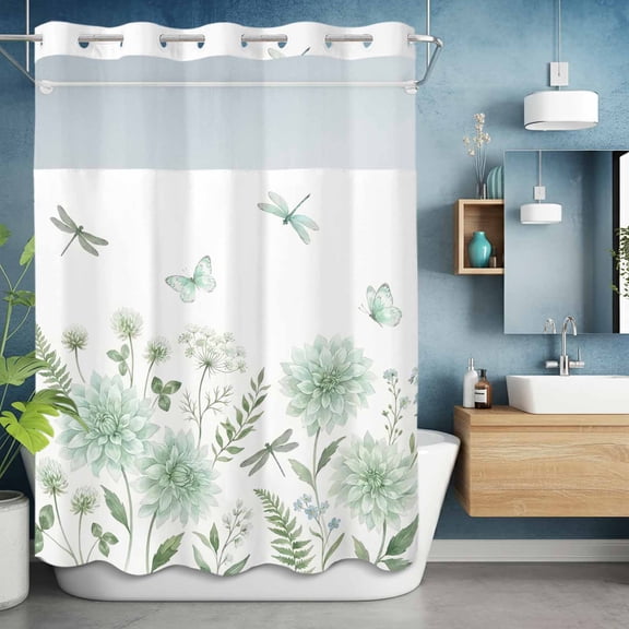 No Hook Shower Curtain with Snap in Liner, Summer Green Flower Leaf Waterproof Bath Curtain Double Layers with See Through Top Window, Pastoral Butterfly Dragonfly Plant Hotel Shower Curtains 60x72in