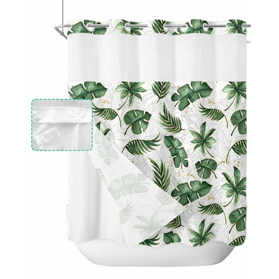 No Hook Shower Curtain with Snap in Liner, Summer Green Tropical Plant Palm Leaves Hotel Shower Curtains for Bathroom, Washable Shower Curtain Liner Set with Mesh Top Window, 72”x78”