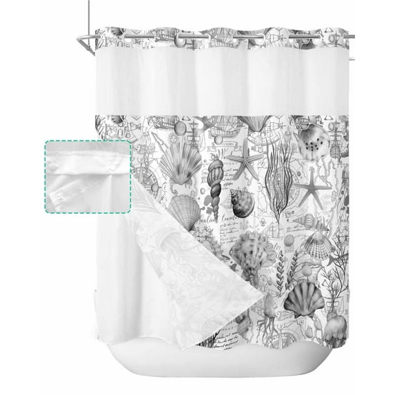 No Hook Shower Curtain with Snap in Liner, Summer Grey Starfish Jellyfish Seashell Seaweed Hotel Shower Curtains for Bathroom, Washable Shower Curtain Liner Set with Mesh Top Window, 72"x72"
