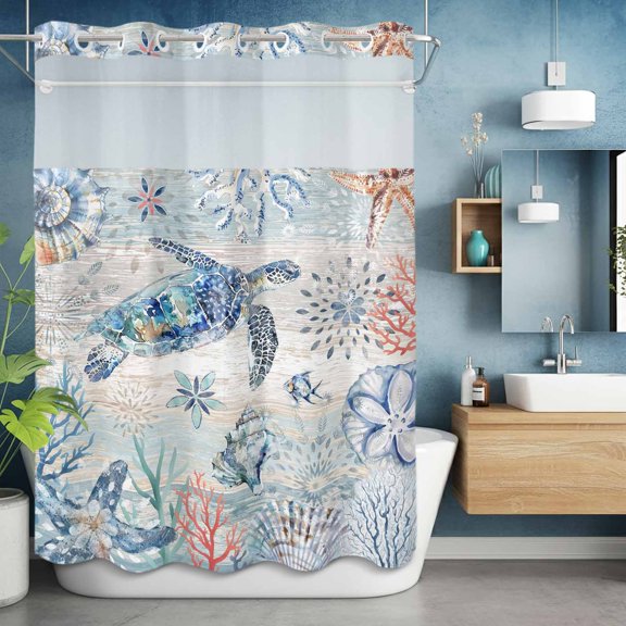 No Hook Shower Curtain with Snap in Liner, Summer Marine Turtle Shell Coral Waterproof Bath Curtain Double Layers with See Through Top Window, Ocean Starfish Conch Farm Wood Shower Curtains 60x72in